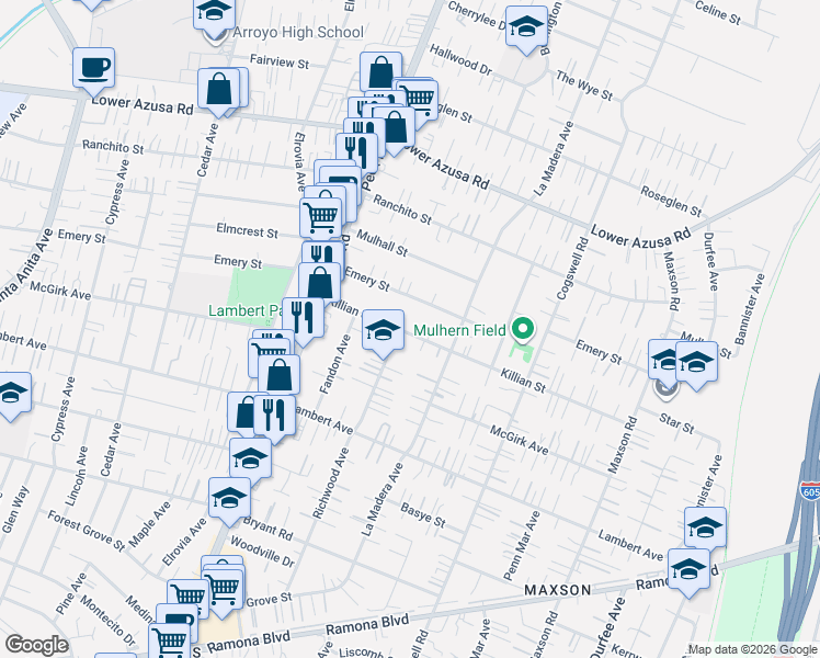 map of restaurants, bars, coffee shops, grocery stores, and more near 11708 Killian Street in El Monte