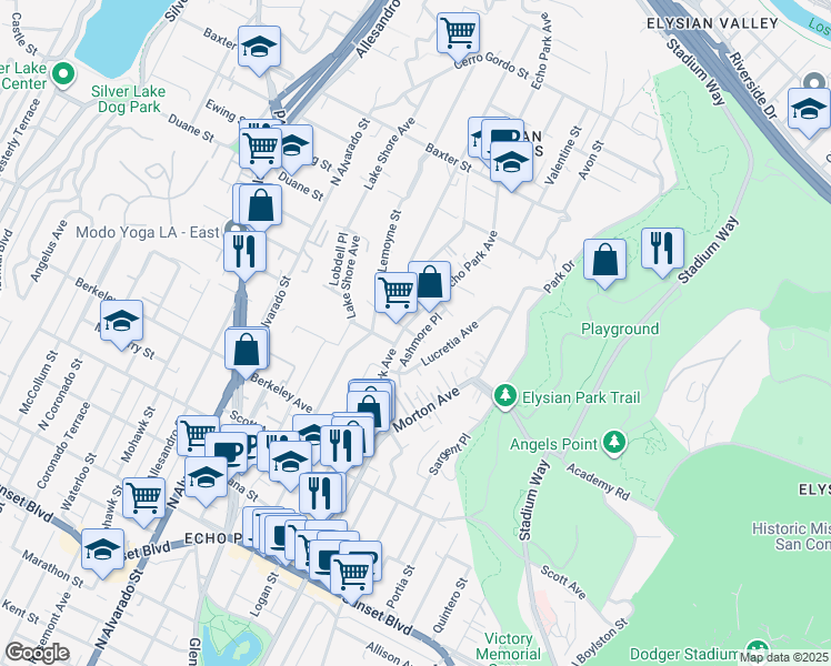 map of restaurants, bars, coffee shops, grocery stores, and more near 1820 Ashmore Place in Los Angeles