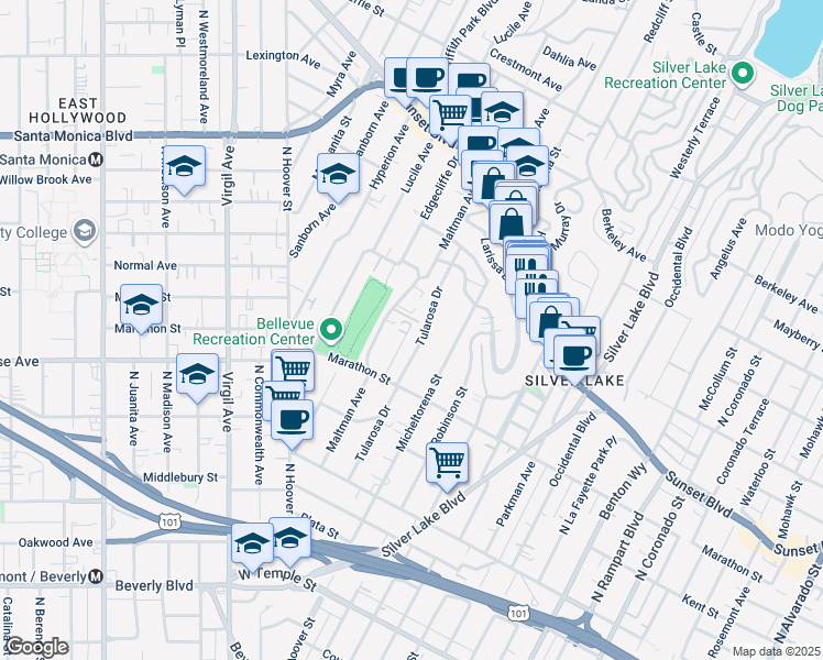 map of restaurants, bars, coffee shops, grocery stores, and more near 908 Kodak Drive in Los Angeles