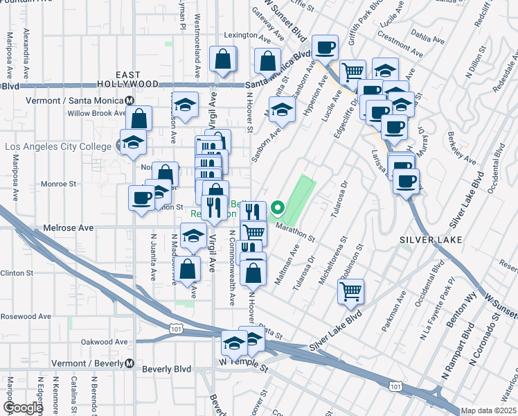 map of restaurants, bars, coffee shops, grocery stores, and more near 734 Hyperion Avenue in Los Angeles