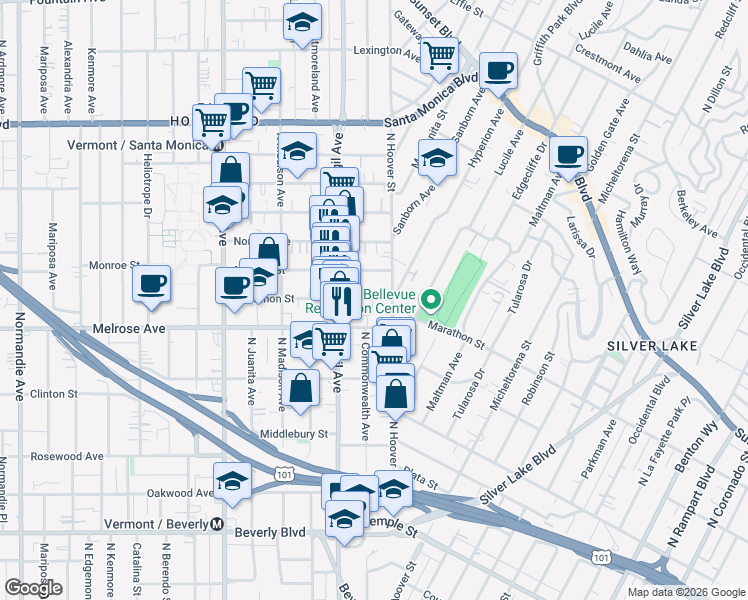 map of restaurants, bars, coffee shops, grocery stores, and more near 3926 Marathon Street in Los Angeles