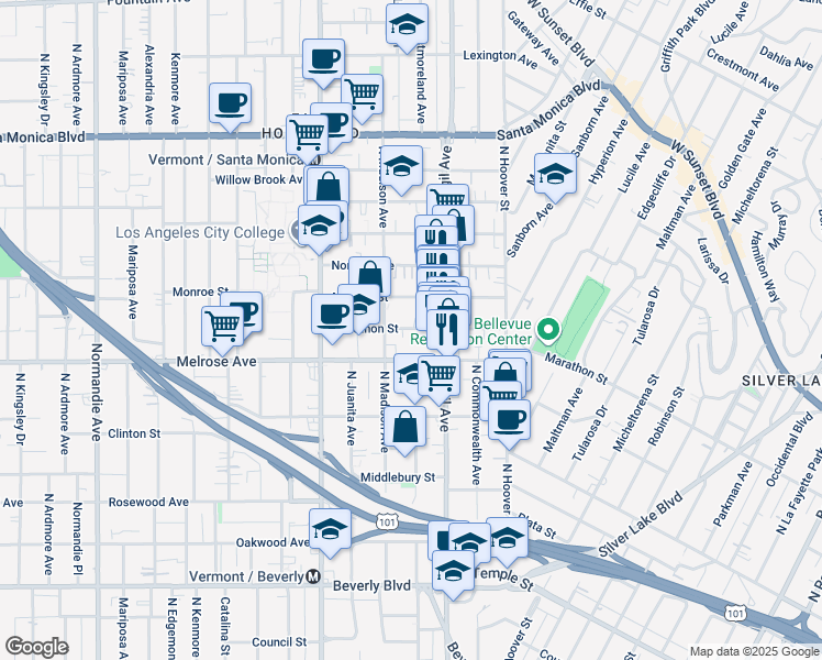 map of restaurants, bars, coffee shops, grocery stores, and more near 4044 Marathon Street in Los Angeles
