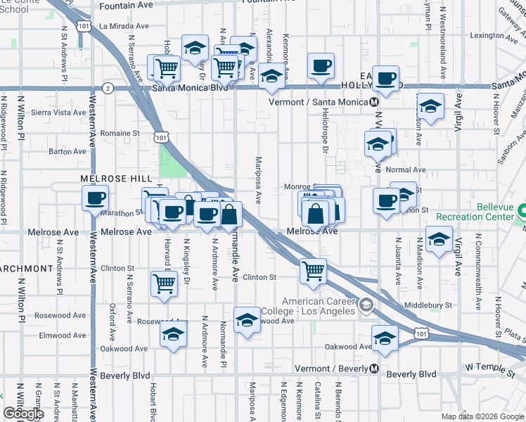 map of restaurants, bars, coffee shops, grocery stores, and more near 710 North Mariposa Avenue in Los Angeles