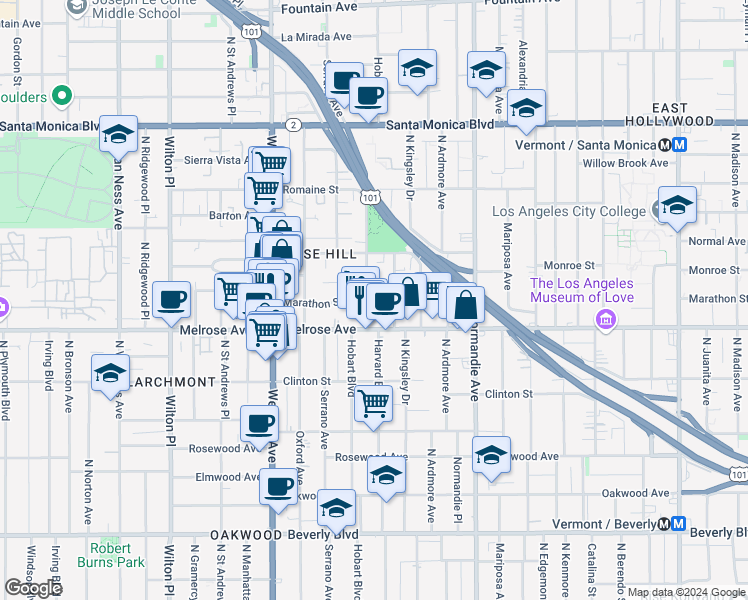 map of restaurants, bars, coffee shops, grocery stores, and more near 730 North Hobart Boulevard in Los Angeles