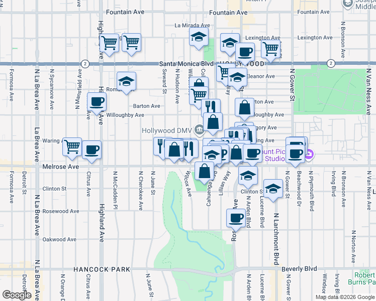map of restaurants, bars, coffee shops, grocery stores, and more near 732 Wilcox Avenue in Los Angeles