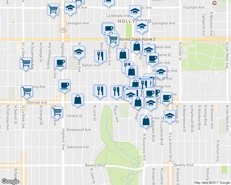 map of restaurants, bars, coffee shops, grocery stores, and more near 733 North Hudson Avenue in Los Angeles