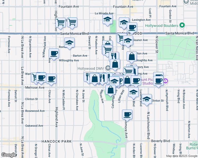 map of restaurants, bars, coffee shops, grocery stores, and more near 733 North Hudson Avenue in Los Angeles