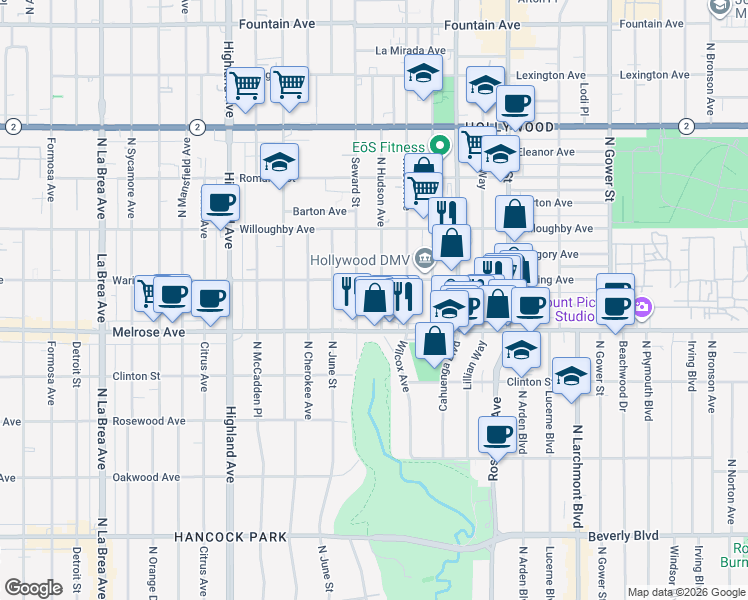 map of restaurants, bars, coffee shops, grocery stores, and more near 733 North Hudson Avenue in Los Angeles
