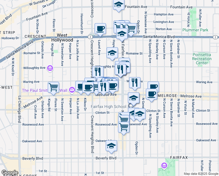 map of restaurants, bars, coffee shops, grocery stores, and more near 720 North Edinburgh Avenue in Los Angeles