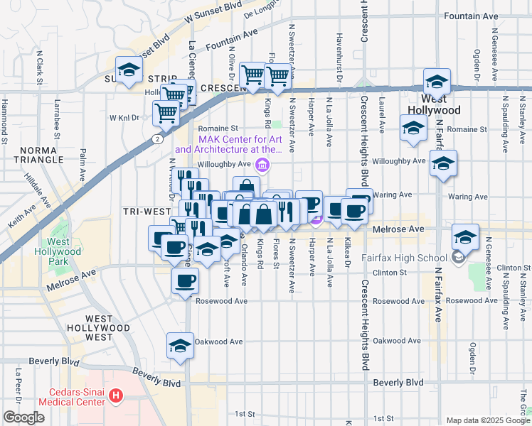 map of restaurants, bars, coffee shops, grocery stores, and more near 732 North Orlando Avenue in Los Angeles