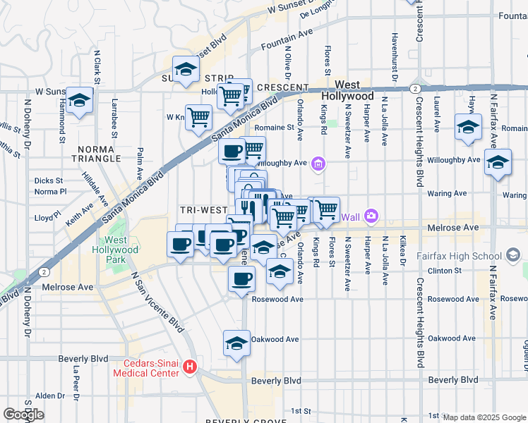 map of restaurants, bars, coffee shops, grocery stores, and more near 725 North Alfred Street in Los Angeles