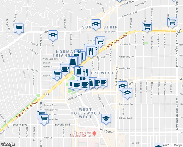 map of restaurants, bars, coffee shops, grocery stores, and more near 729 Huntley Drive in West Hollywood