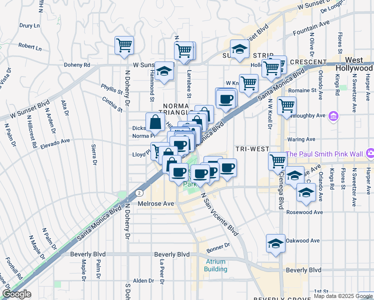 map of restaurants, bars, coffee shops, grocery stores, and more near 8910 California 2 in West Hollywood