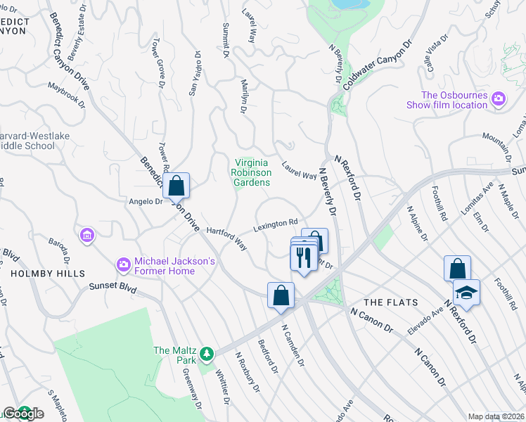 map of restaurants, bars, coffee shops, grocery stores, and more near 1545 Lexington Road in Beverly Hills