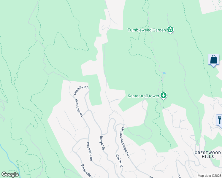 map of restaurants, bars, coffee shops, grocery stores, and more near 2600 Mandeville Canyon Road in Los Angeles