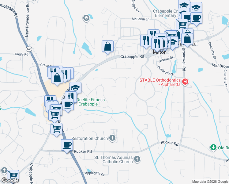 map of restaurants, bars, coffee shops, grocery stores, and more near 215 Kinderhill Court in Alpharetta