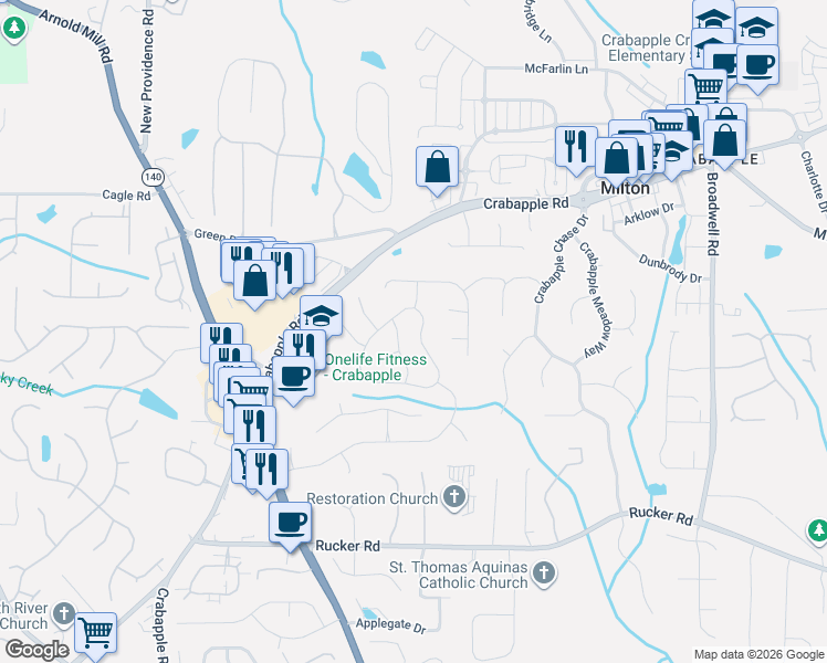 map of restaurants, bars, coffee shops, grocery stores, and more near 340 Carybell Lane in Alpharetta