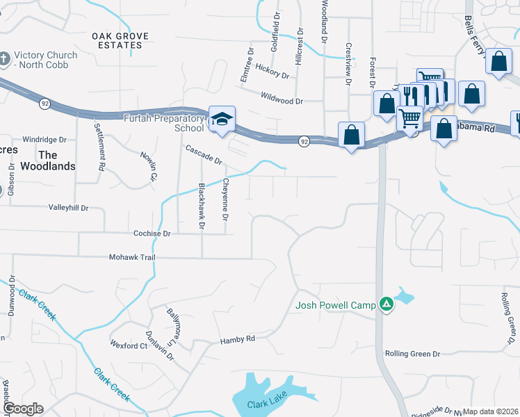 map of restaurants, bars, coffee shops, grocery stores, and more near 1644 Shadowbrook Drive in Acworth