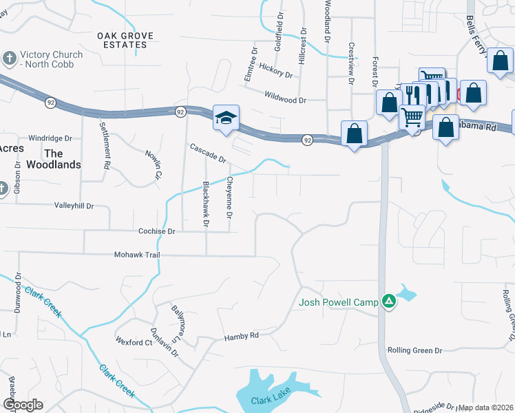 map of restaurants, bars, coffee shops, grocery stores, and more near 1648 Shadowbrook Drive in Acworth