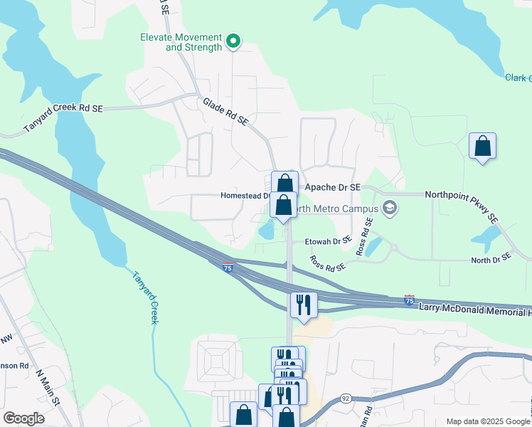 map of restaurants, bars, coffee shops, grocery stores, and more near 4411 Homestead Drive Southeast in Acworth