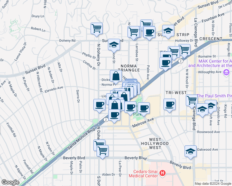 map of restaurants, bars, coffee shops, grocery stores, and more near 8998 Lloyd Place in West Hollywood
