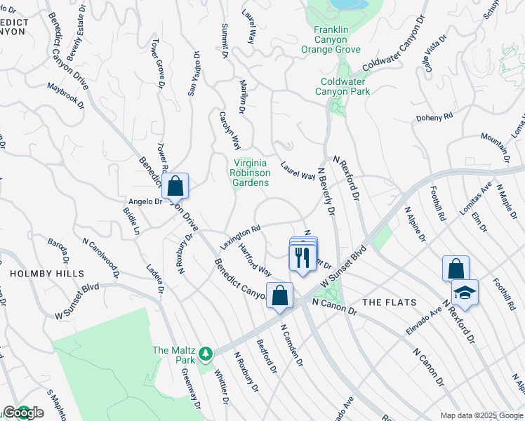 map of restaurants, bars, coffee shops, grocery stores, and more near 1545 Lexington Road in Beverly Hills