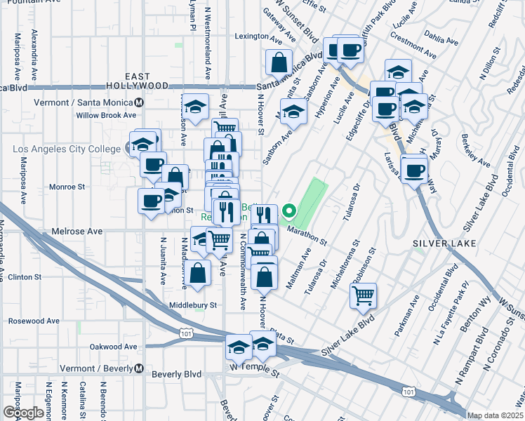 map of restaurants, bars, coffee shops, grocery stores, and more near Marathon St & N Hoover St in Los Angeles