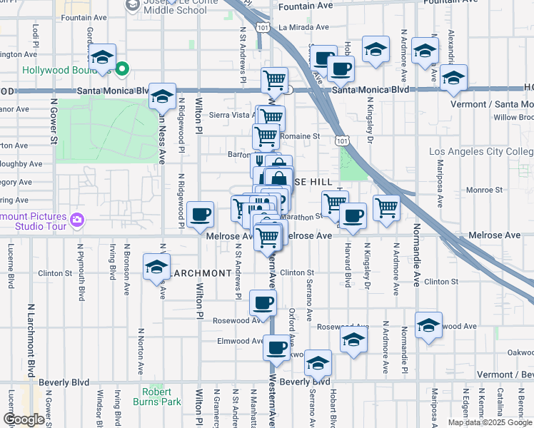 map of restaurants, bars, coffee shops, grocery stores, and more near 743 North Western Avenue in Los Angeles