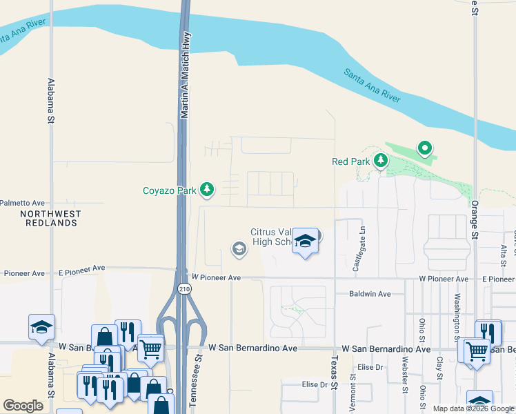 map of restaurants, bars, coffee shops, grocery stores, and more near 801-1199 W Domestic Ave in Redlands