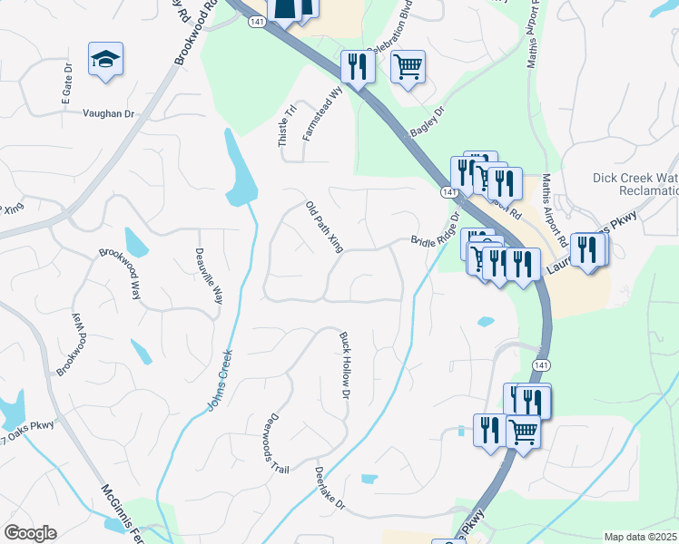 map of restaurants, bars, coffee shops, grocery stores, and more near 3735 Bridle Ridge Drive in Suwanee