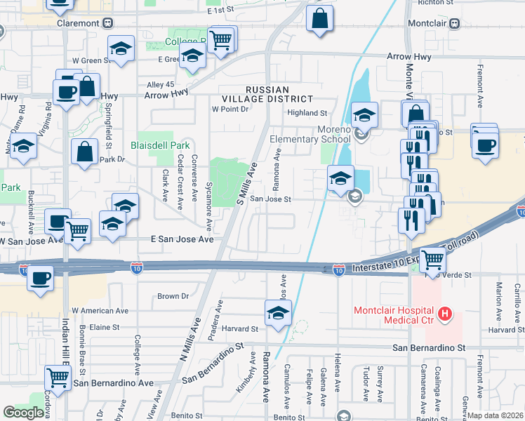 map of restaurants, bars, coffee shops, grocery stores, and more near 9344 Pradera Avenue in Montclair