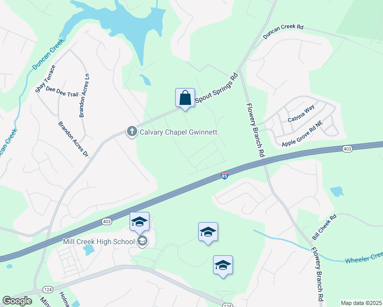 map of restaurants, bars, coffee shops, grocery stores, and more near 4522 Spout Ridge Lane in Buford