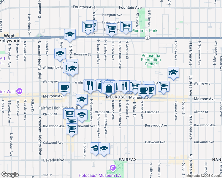 map of restaurants, bars, coffee shops, grocery stores, and more near 731 North Curson Avenue in West Hollywood