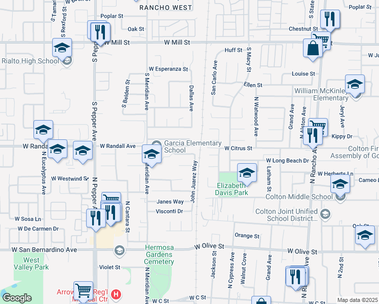 map of restaurants, bars, coffee shops, grocery stores, and more near 1225 Reyes Hernandez Lane in Colton