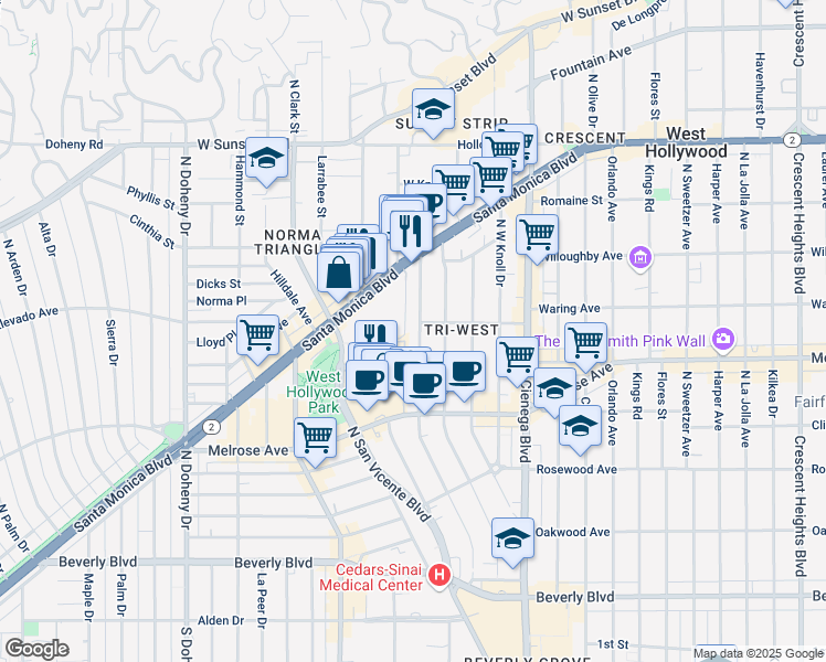 map of restaurants, bars, coffee shops, grocery stores, and more near 729 Huntley Drive in West Hollywood