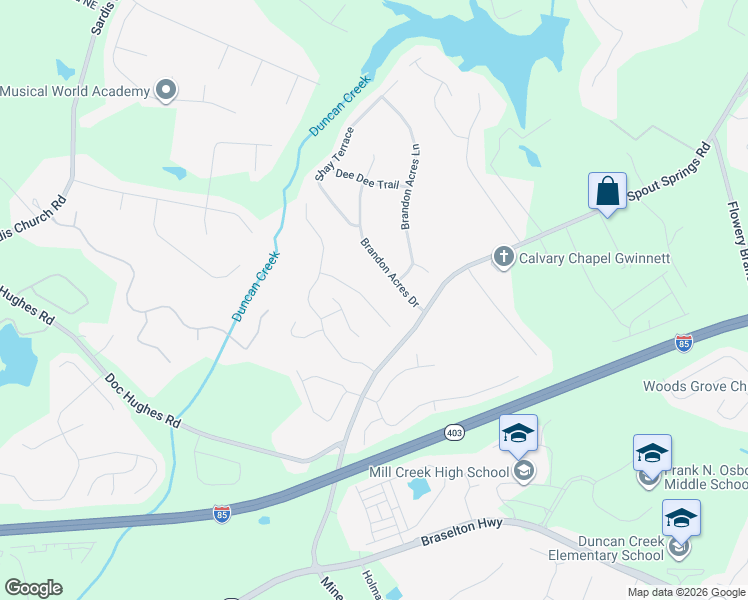 map of restaurants, bars, coffee shops, grocery stores, and more near 2161 Spring Sound Lane in Buford