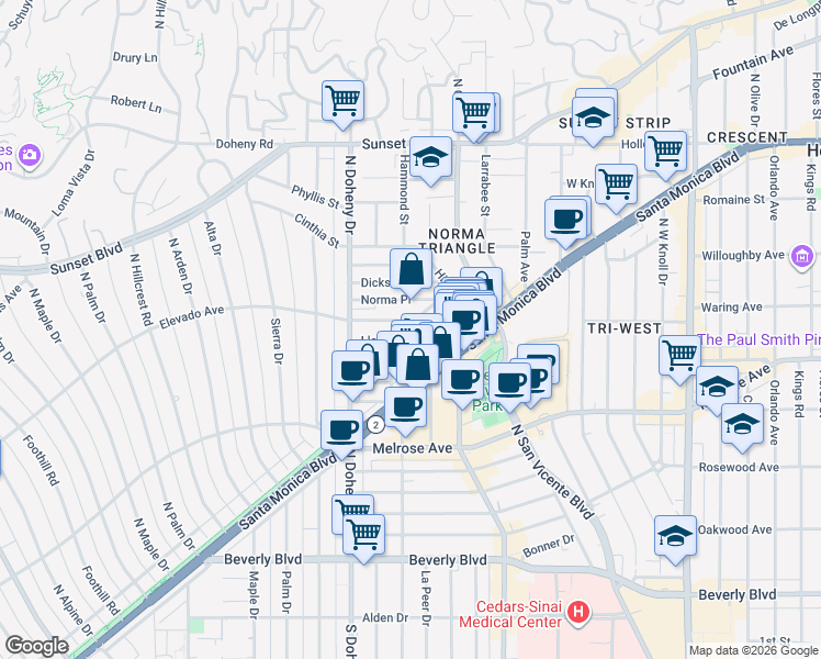 map of restaurants, bars, coffee shops, grocery stores, and more near 9004 Lloyd Place in West Hollywood