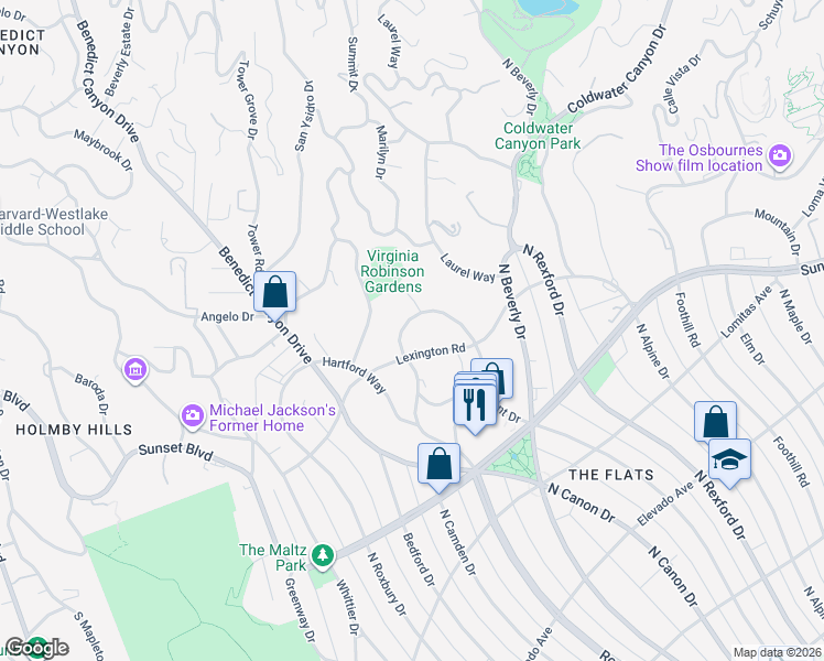 map of restaurants, bars, coffee shops, grocery stores, and more near 1021 North Crescent Drive in Beverly Hills