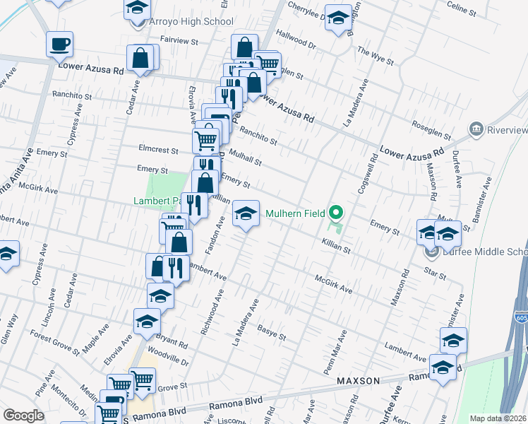 map of restaurants, bars, coffee shops, grocery stores, and more near 11713 Killian Street in El Monte