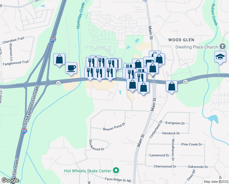 map of restaurants, bars, coffee shops, grocery stores, and more near 281 Heritage Walk in Woodstock