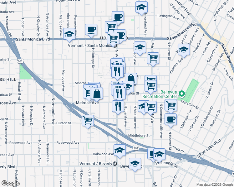 map of restaurants, bars, coffee shops, grocery stores, and more near North Vermont Avenue & Marathon Street in Los Angeles