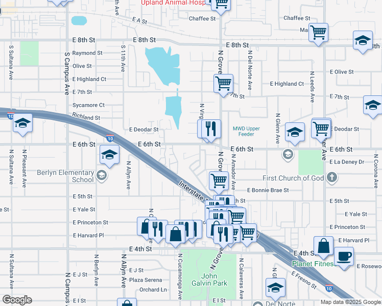 map of restaurants, bars, coffee shops, grocery stores, and more near East La Deney Court in Ontario