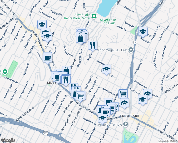 map of restaurants, bars, coffee shops, grocery stores, and more near 1446 North Benton Way in Los Angeles