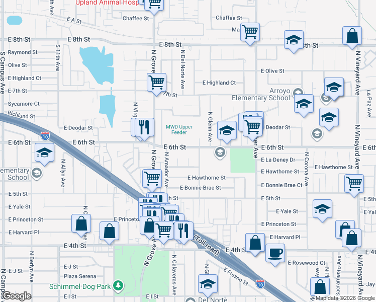 map of restaurants, bars, coffee shops, grocery stores, and more near 1386 East 6th Street in Ontario