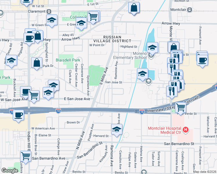 map of restaurants, bars, coffee shops, grocery stores, and more near 4484 La Deney Street in Montclair