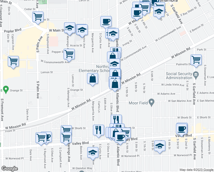 map of restaurants, bars, coffee shops, grocery stores, and more near 1149 West Mission Road in Alhambra