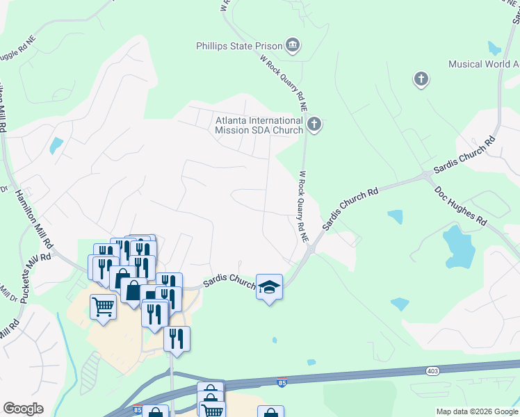 map of restaurants, bars, coffee shops, grocery stores, and more near 3877 Woodoats Circle in Buford