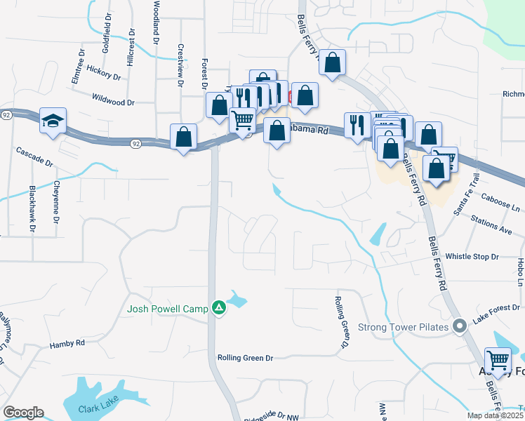 map of restaurants, bars, coffee shops, grocery stores, and more near 523 Sharlot Drive in Acworth