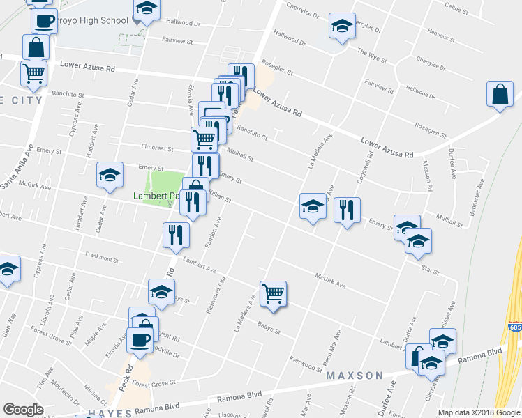 map of restaurants, bars, coffee shops, grocery stores, and more near 11713 Killian Street in El Monte