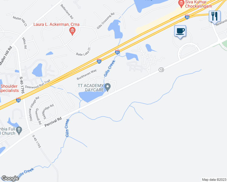 map of restaurants, bars, coffee shops, grocery stores, and more near 101 Antler Way in Columbia
